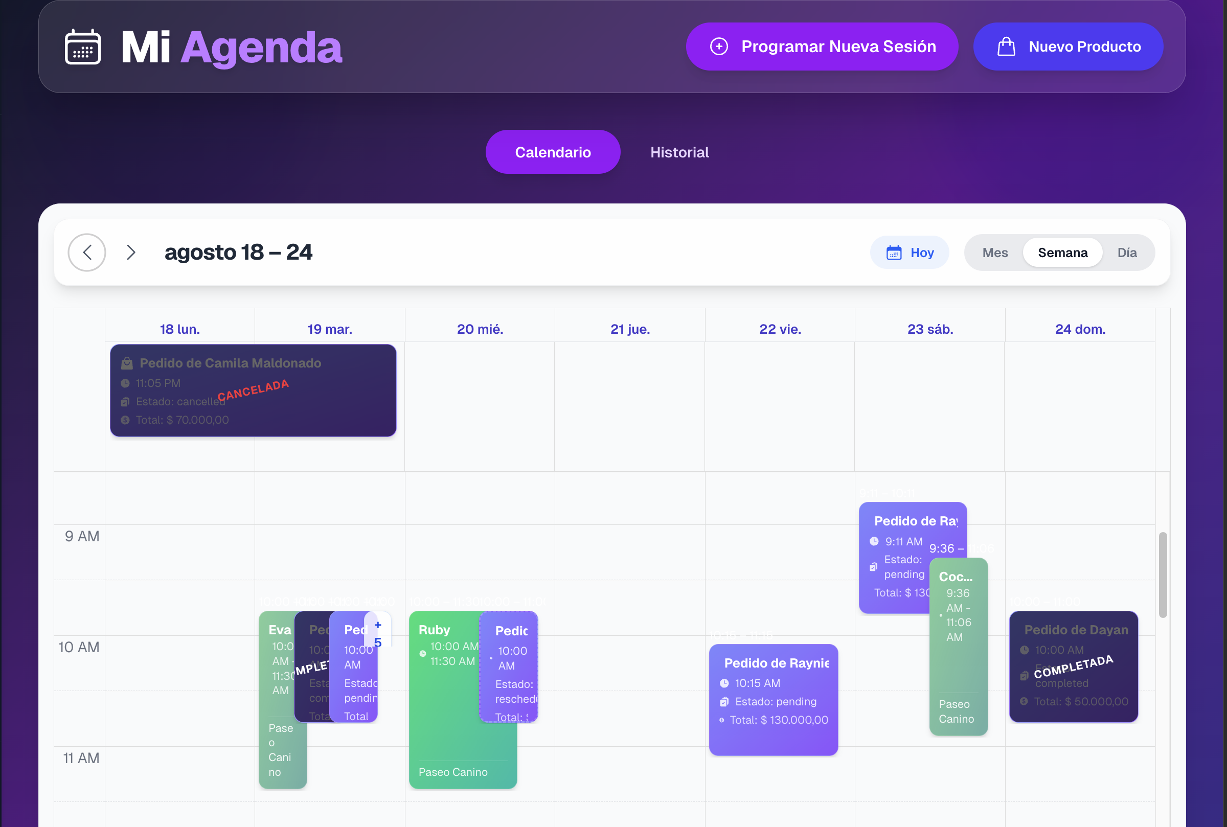 Interfaz de agenda de PetPro